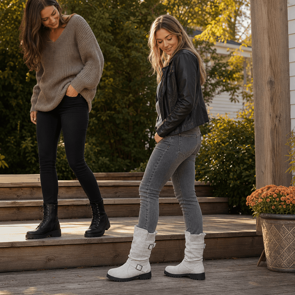 Women's Ribbed Cuff Lug Sole Slouch Boots with Buckle Detail