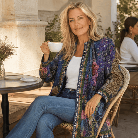 Patrice Art-Print Open-Front Jacket with Embellished Trim