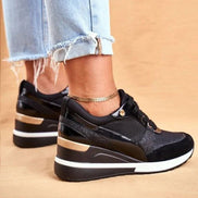 Women's Wedge Platform Cushioned Sneakers with Lace-Up Knit Upper