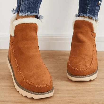 Women's Faux Fur-Lined Suede Winter Ankle Boots with Moc-Toe Stitching