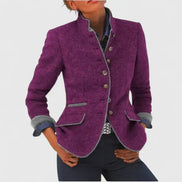 Women's Tailored Wool Blazer with Stand Collar and Contrast Trim