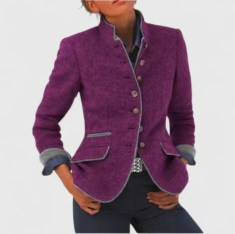 Women's Tailored Wool Blazer with Stand Collar and Contrast Trim