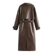 Longline Double-Breasted Leather Coat for Women