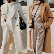 Women's Double-Breasted Long Wool-Blend Winter Coat with Lapel Collar