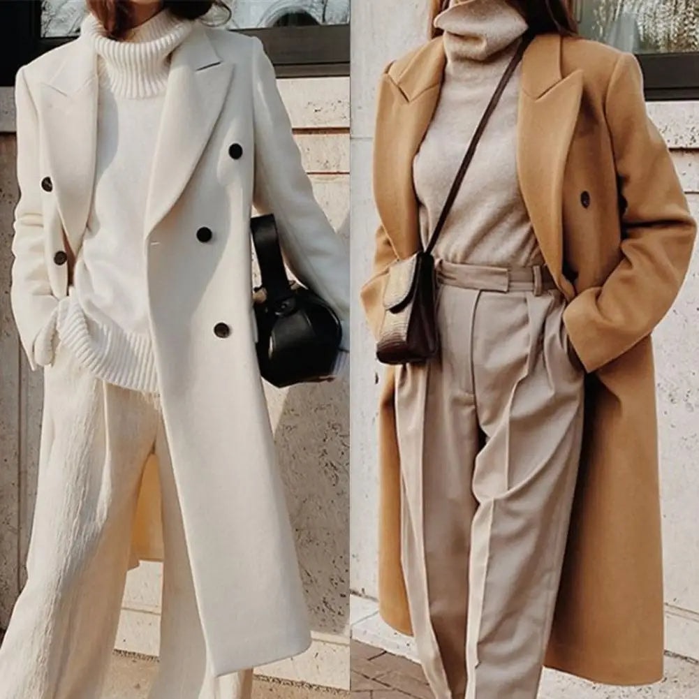 Women's Double-Breasted Long Wool-Blend Winter Coat with Lapel Collar