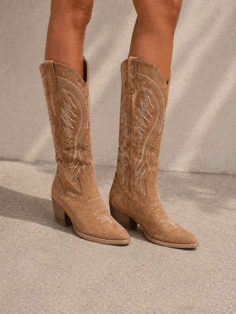 Women's Embroidered Suede Western Boots with Block Heel
