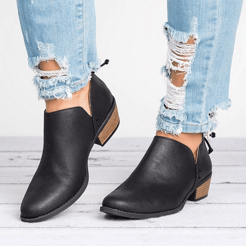 Ankle Low Heel Womens Boots with Rounded Toe in Synthetic Leather