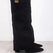 Suede Fold-Over Boots with Gold Buckle Detail for Women