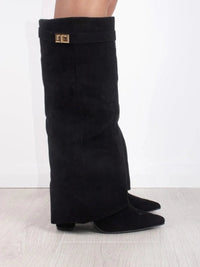 Suede Fold-Over Boots with Gold Buckle Detail for Women