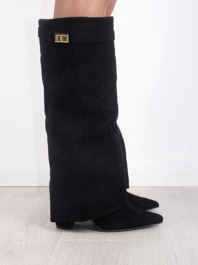 Suede Fold-Over Boots with Gold Buckle Detail for Women