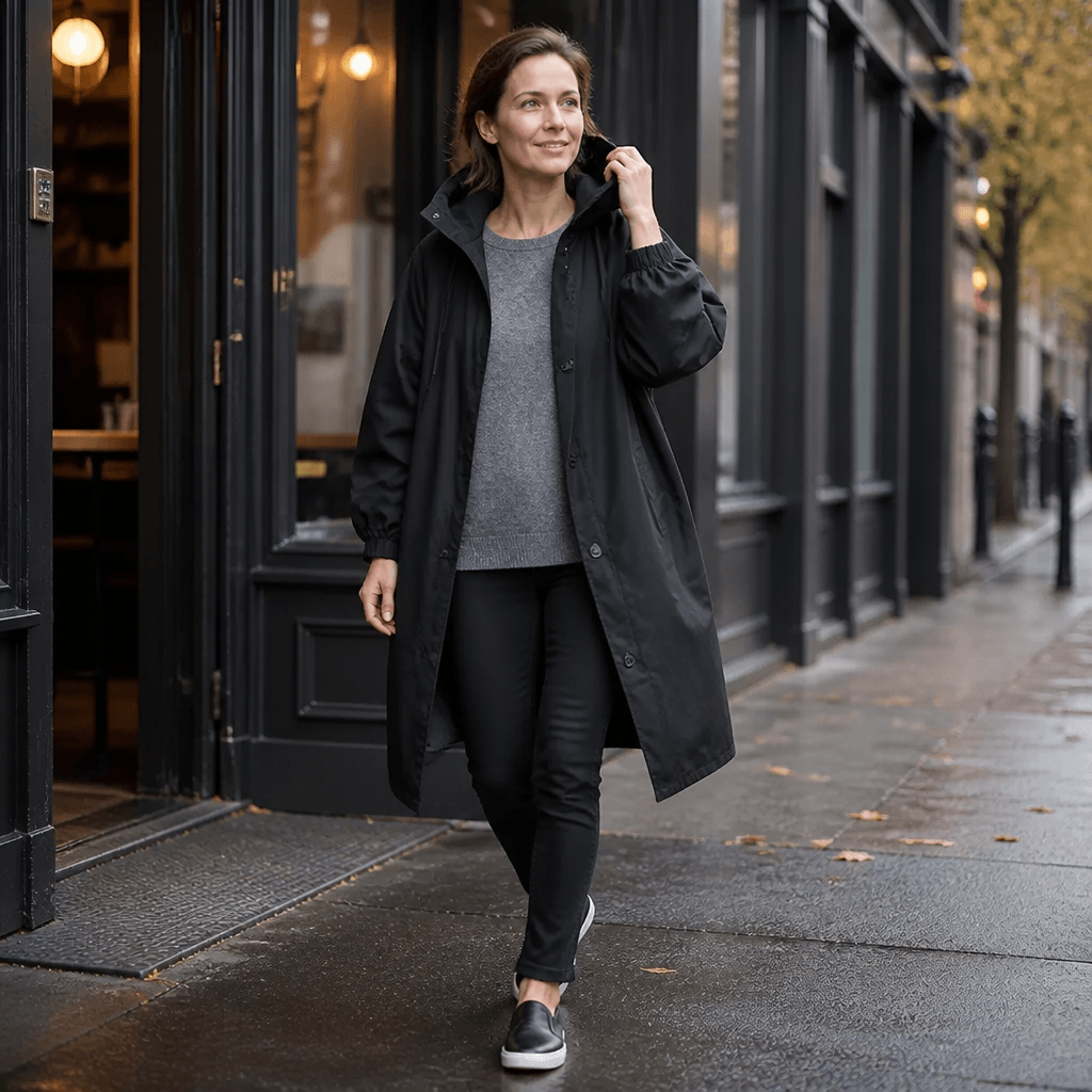 Women's Hooded Midi Coat with Drawstring Waist