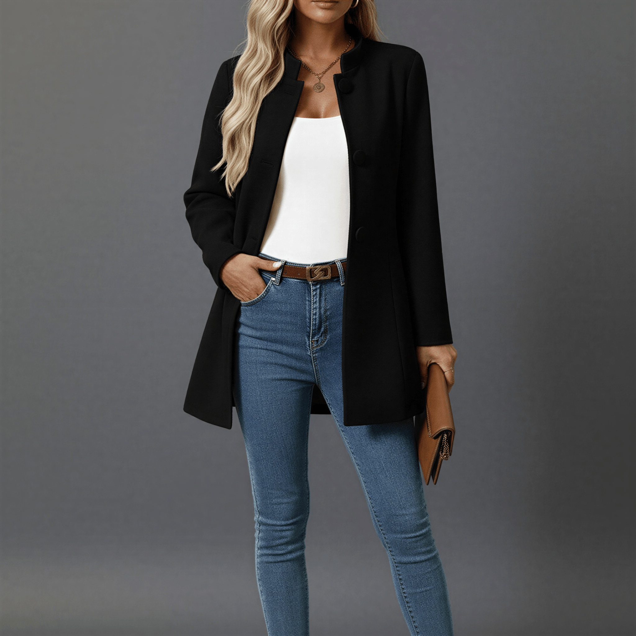 Women's Woven Button-Down A-Line Coat with Stand Collar