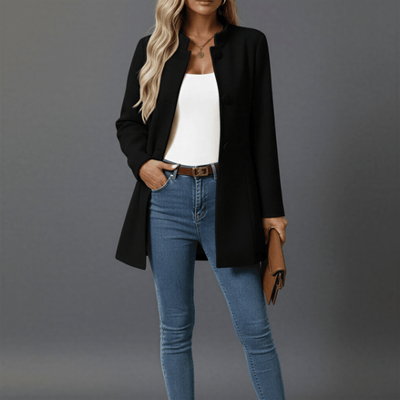 Women's Woven Button-Down A-Line Coat with Stand Collar