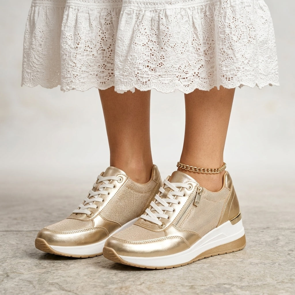 Women's Platform Lace-Up Cushioned Sneakers with Side Zip