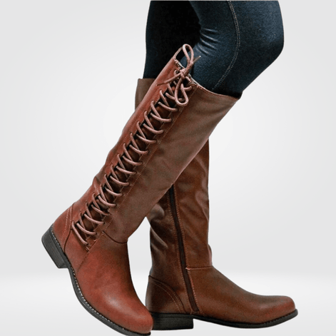 Knee-High Lace-Up Faux Leather Brown Boots with Side Zip for Women