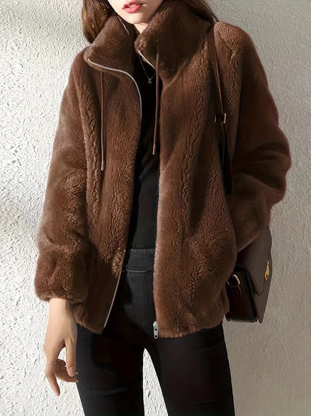 Phoebe Faux Fur Zip-Up Winter Coat with Stand Collar for Women