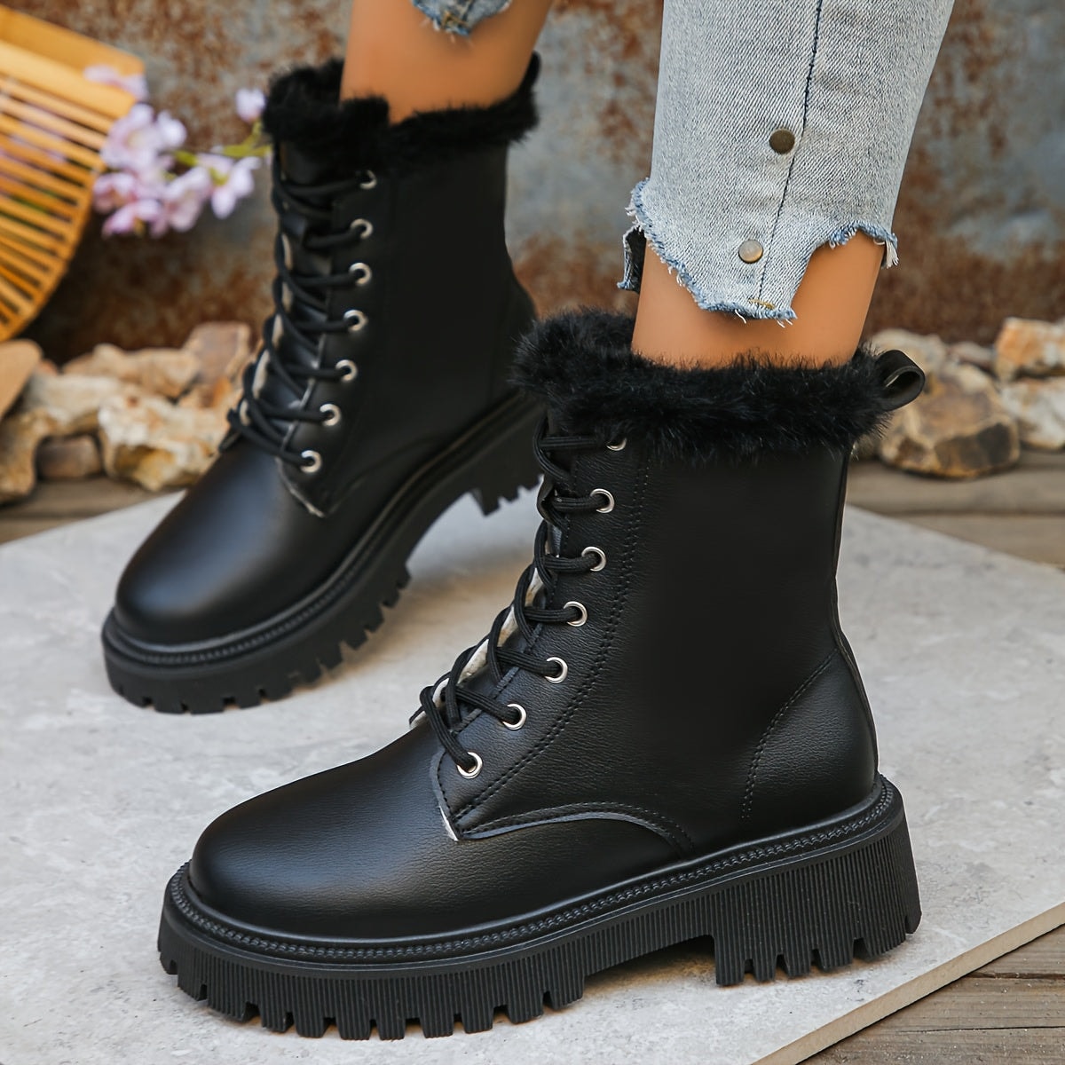 Faux Fur-Trimmed Lace-Up Platform Boots for Women with Lug Sole