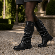 Padova Slouch Knee-High Faux Leather Women's Boots with Double Buckle Detail
