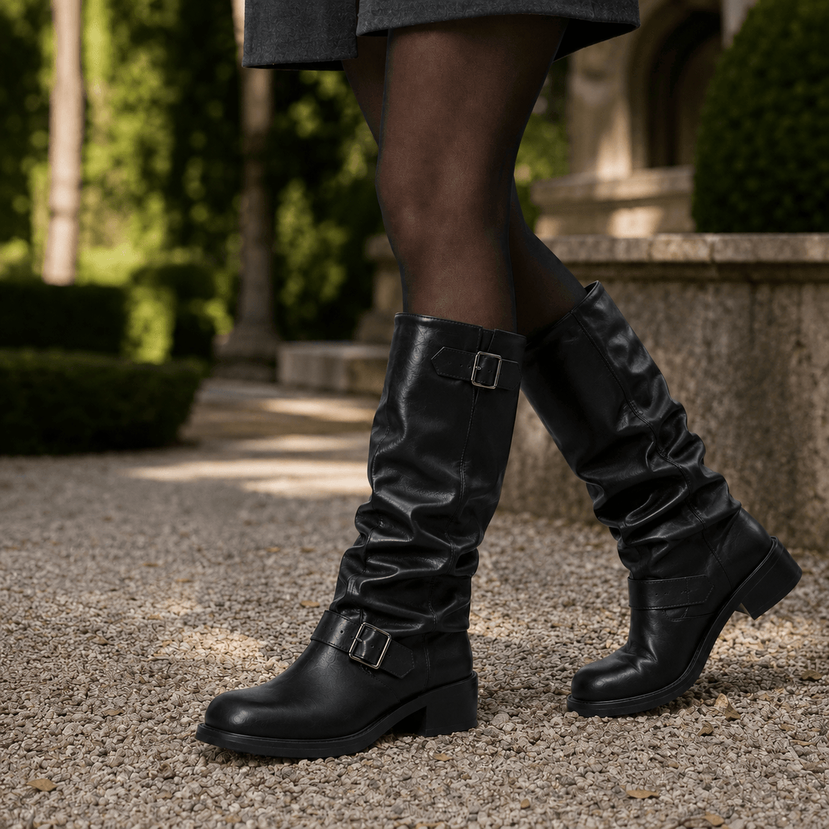 Padova Slouch Knee-High Faux Leather Women's Boots with Double Buckle Detail