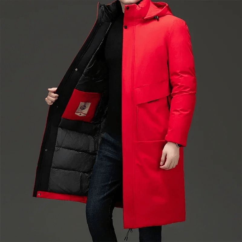 Padded Hooded Long Mens Coats with Drawstring Hem in Polyester