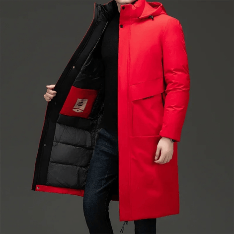 Padded Hooded Long Mens Coats with Drawstring Hem in Polyester