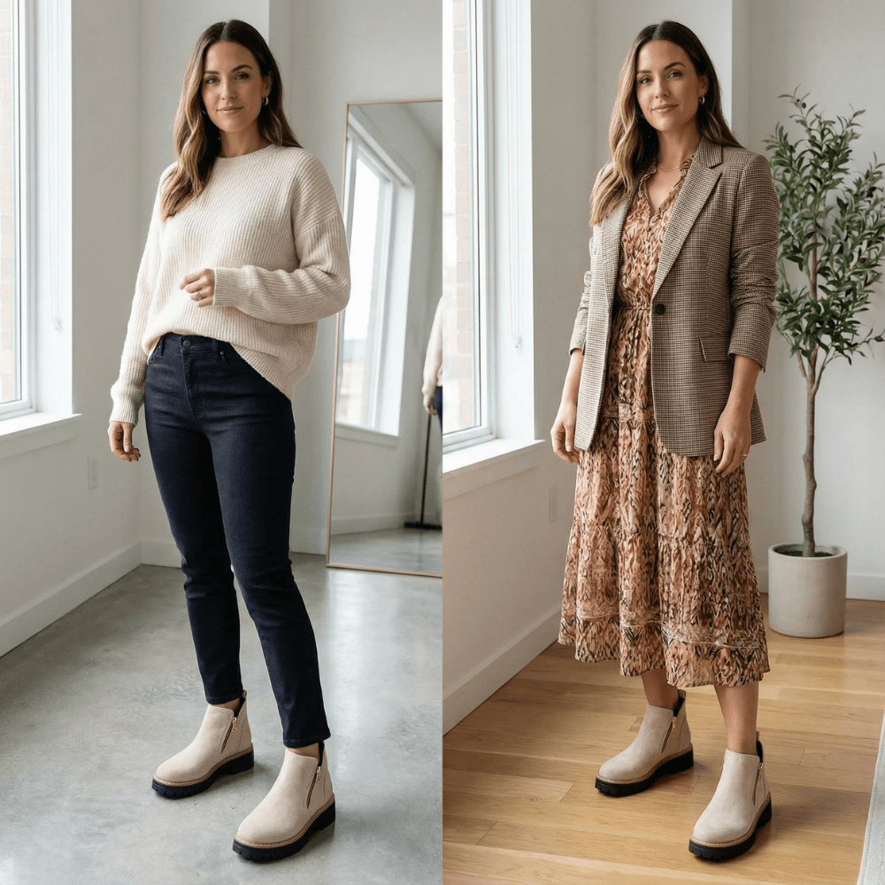Women's Suede Chelsea Boots with Side Zip and Chunky Heel
