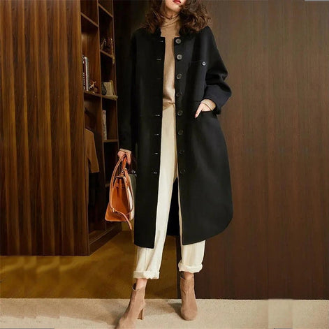 Maria Button-Front A-Line Long Winter Coat for Women