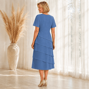 Florenza Tiered Short-Sleeve Women's Midi Dress with Round Neck