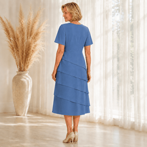 Florenza Tiered Short-Sleeve Women's Midi Dress with Round Neck