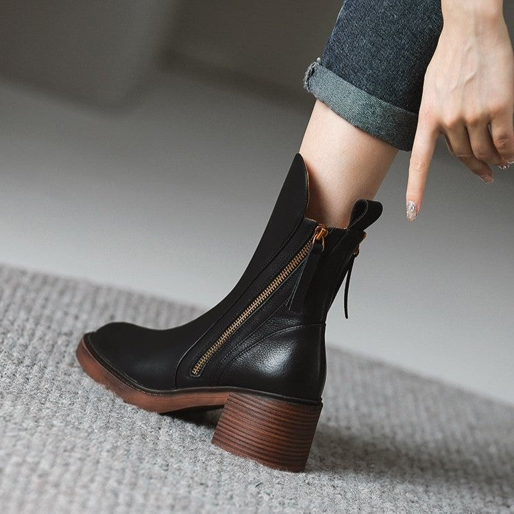 Bellora Zip-Detail Leather Ankle Boots for Women with Block Heel