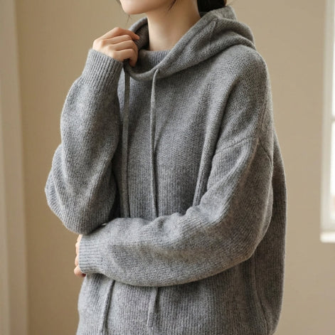 Hooded Merino Wool Knitted Jumper with Drawstring for Women