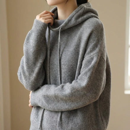Hooded Merino Wool Knitted Jumper with Drawstring for Women