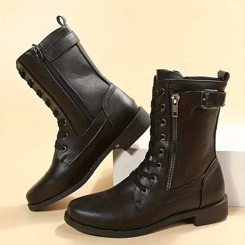 Hazel Faux Leather Combat Boots with Side Zip and Buckle Detail for Women