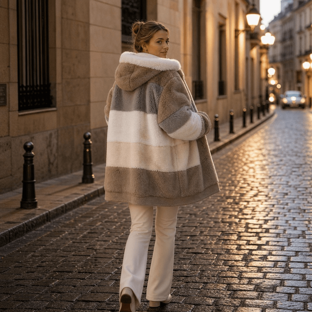 Women's Oversized Color-Block Faux Fur Winter Coat with Hood