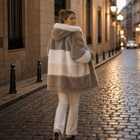 Women's Oversized Color-Block Faux Fur Winter Coat with Hood