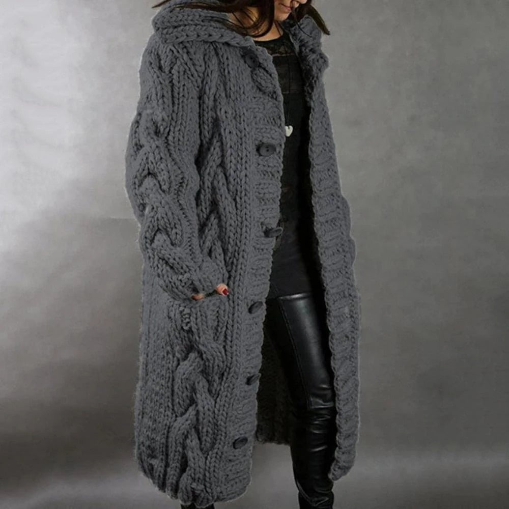 Women's Chunky Cable-Knit Hooded Cardigan with Pockets