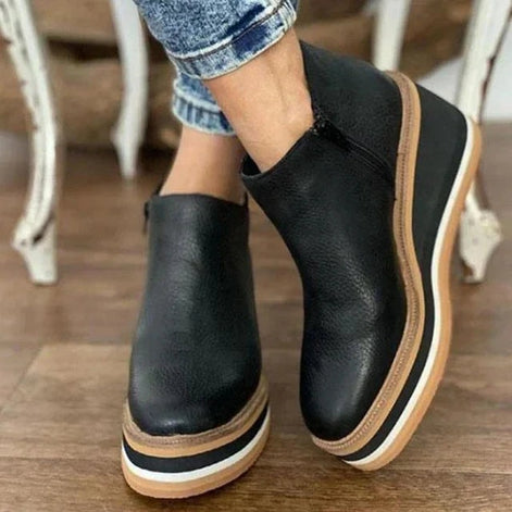 Courtney Faux Leather Wedge Boots for Women with Side Zip and Round Toe