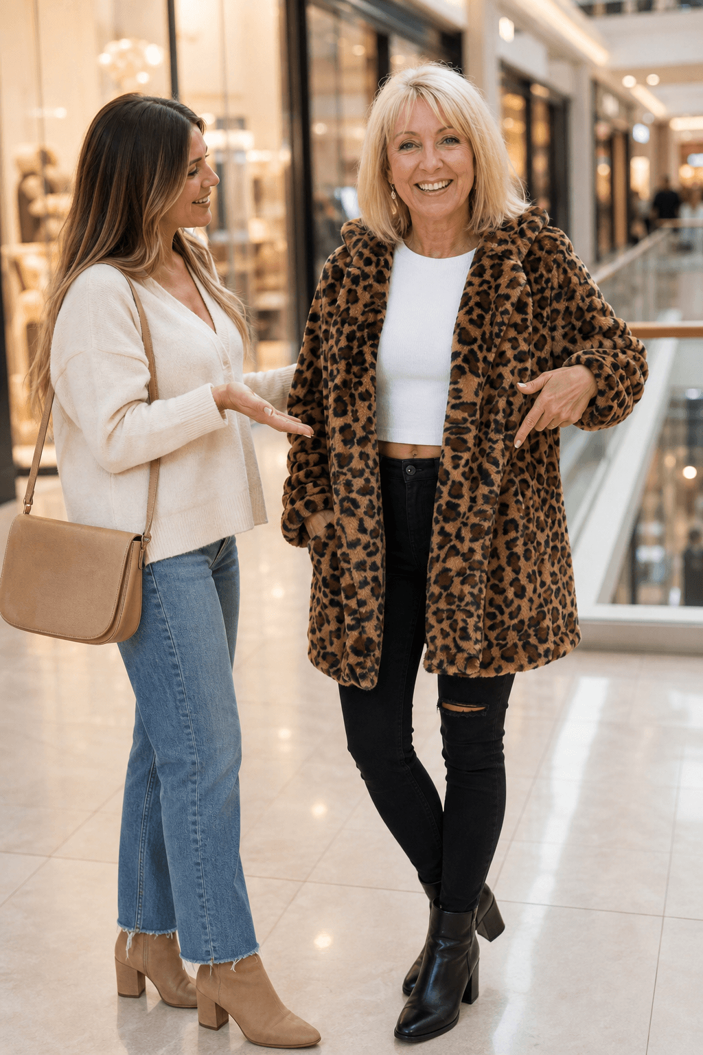 Leora Women's Leopard Print Faux Fur Longline Winter Coat with Open Front