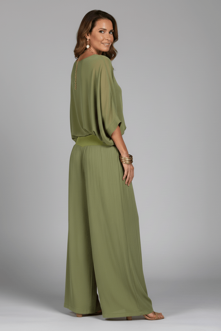 Natalie Chiffon Wide-Leg Women's Two-Piece Co-Ord Set with Draped Top