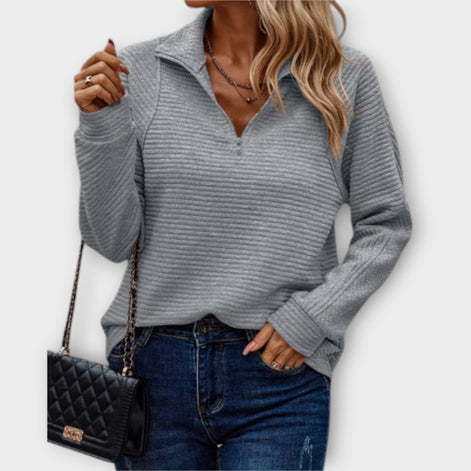 Chrystah Ribbed Quarter-Zip Pullover with Stand Collar