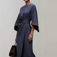 Belted Satin Midi Dress with Draped Skirt for Christmas Parties