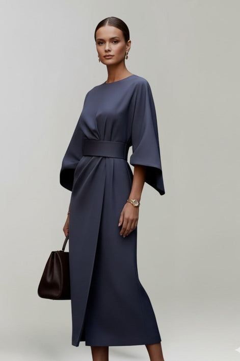 Belted Satin Midi Dress with Draped Skirt for Christmas Parties