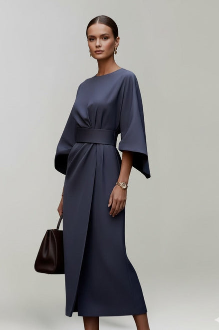 Belted Satin Midi Dress with Draped Skirt for Christmas Parties