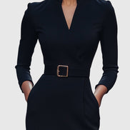 Long Sleeve Belted Bodycon Christmas Dress with Stand Collar