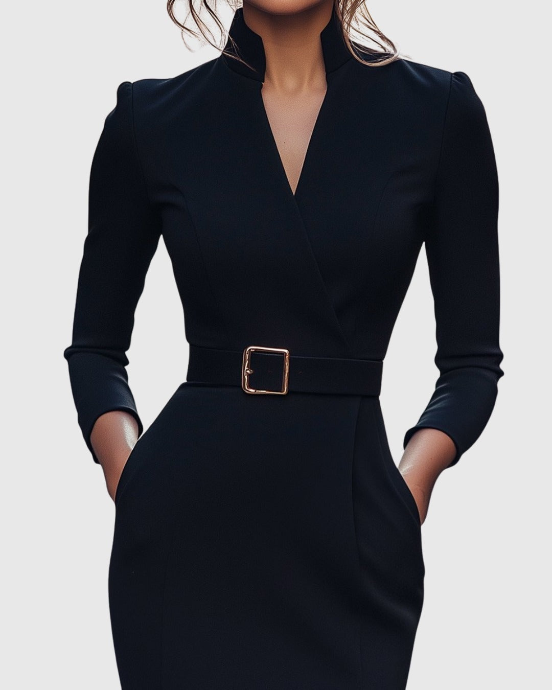 Long Sleeve Belted Bodycon Christmas Dress with Stand Collar