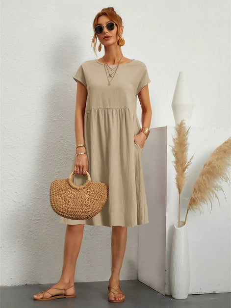 Casual Cotton Midi Shift Christmas Party Dress with Pockets for Autumn Wear