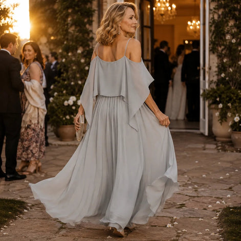 Cold Shoulder Chiffon Women's Midi Dress with Cascading Side Drape