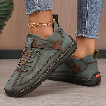 Women's Leather Comfort Shoes with Lace-Up Side Zip Closure