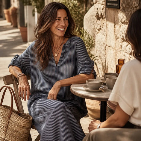 Striped V-Neck Maxi Dress with Pockets and Long Sleeves