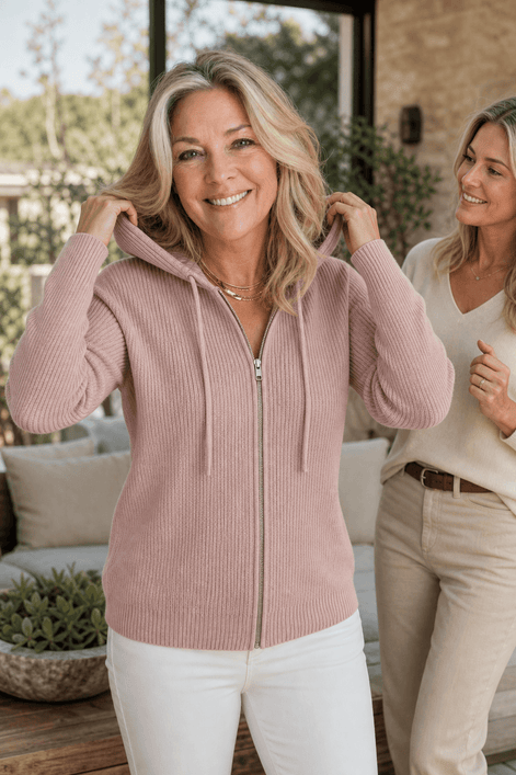 Women's Ribbed Zip-Up Hooded Knit Cardigan with Drawstring Hood